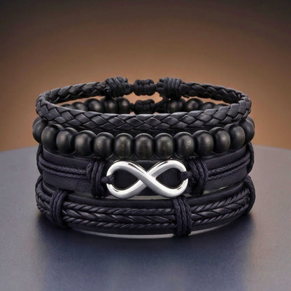 OBSIDIAN INFINITY - 4 Pcs Genuine Braided Leather Adjustable Bracelets for Men & Boys - THE MEN THING