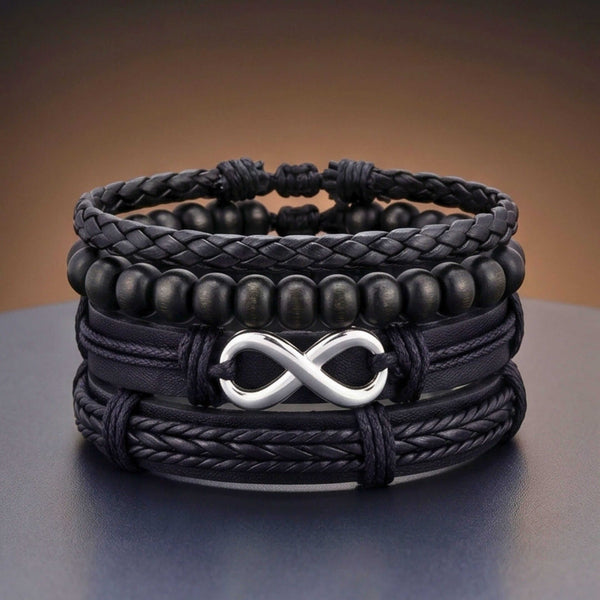 OBSIDIAN INFINITY - 4 Pcs Genuine Braided Leather Adjustable Bracelets for Men & Boys