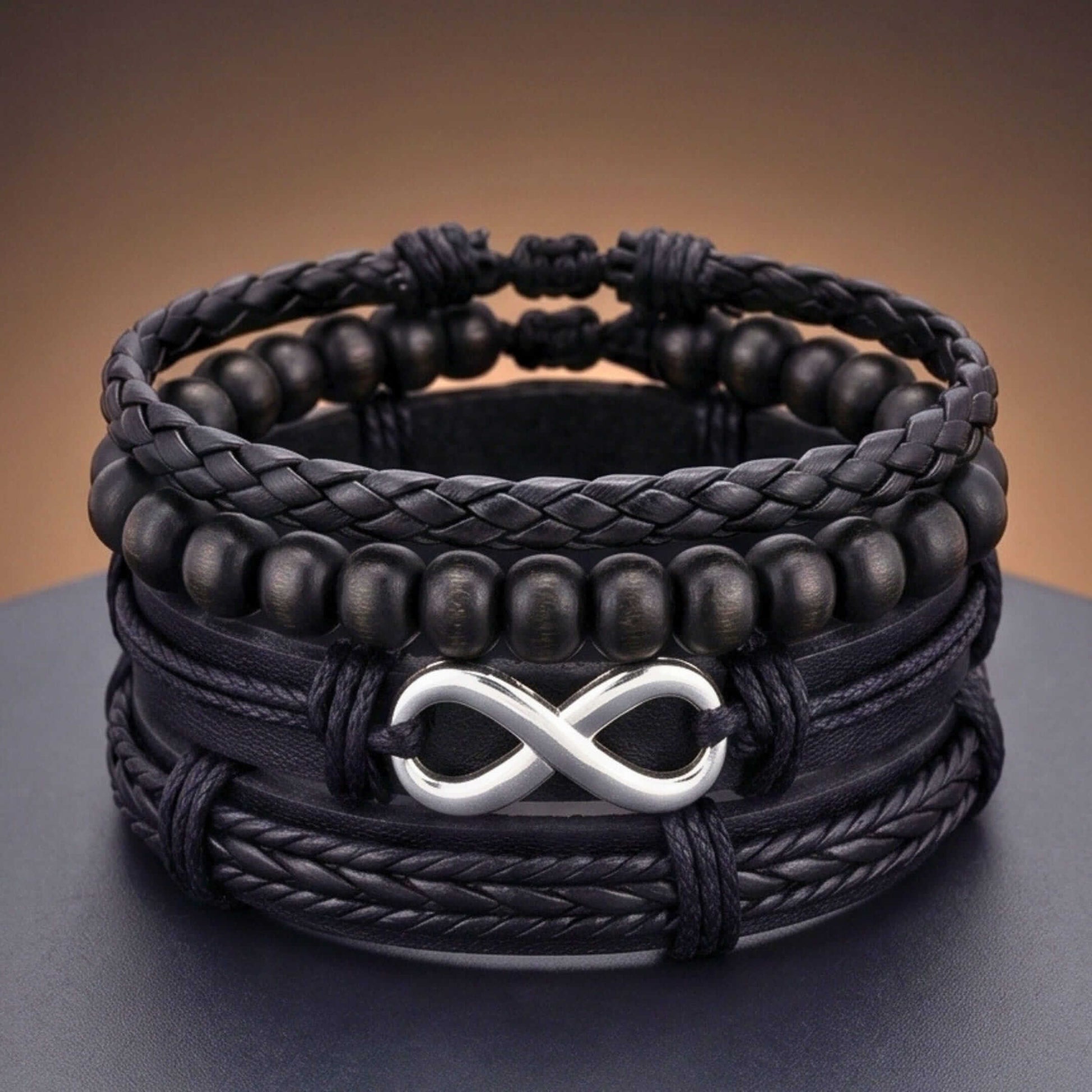 OBSIDIAN INFINITY - 4 Pcs Genuine Braided Leather Adjustable Bracelets for Men & Boys - THE MEN THING
