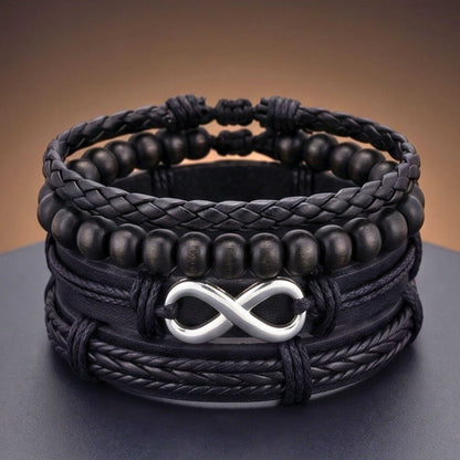 OBSIDIAN INFINITY - 4 Pcs Genuine Braided Leather Adjustable Bracelets for Men & Boys - THE MEN THING