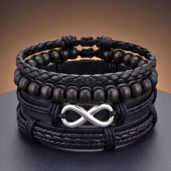 OBSIDIAN INFINITY - 4 Pcs Genuine Braided Leather Adjustable Bracelets for Men & Boys