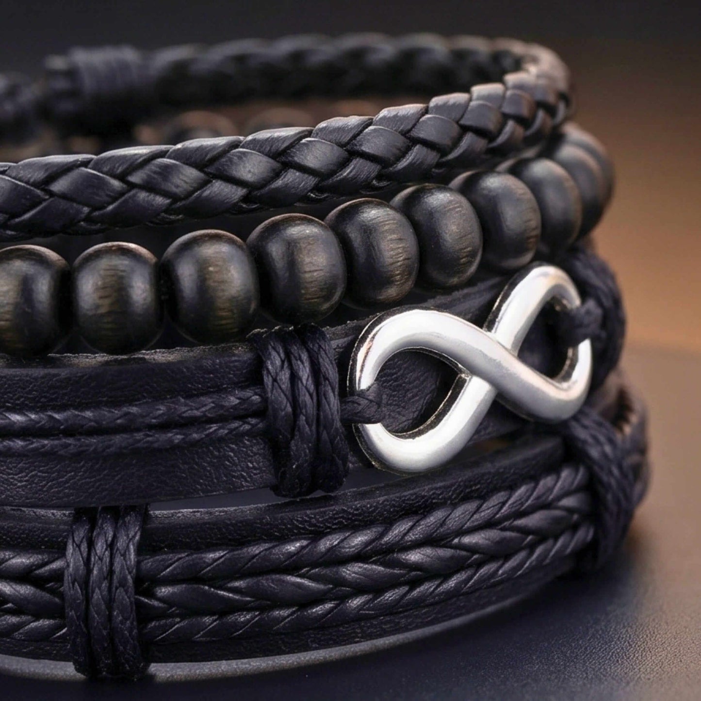 OBSIDIAN INFINITY - 4 Pcs Genuine Braided Leather Adjustable Bracelets for Men & Boys - THE MEN THING