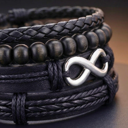 OBSIDIAN INFINITY - 4 Pcs Genuine Braided Leather Adjustable Bracelets for Men & Boys - THE MEN THING