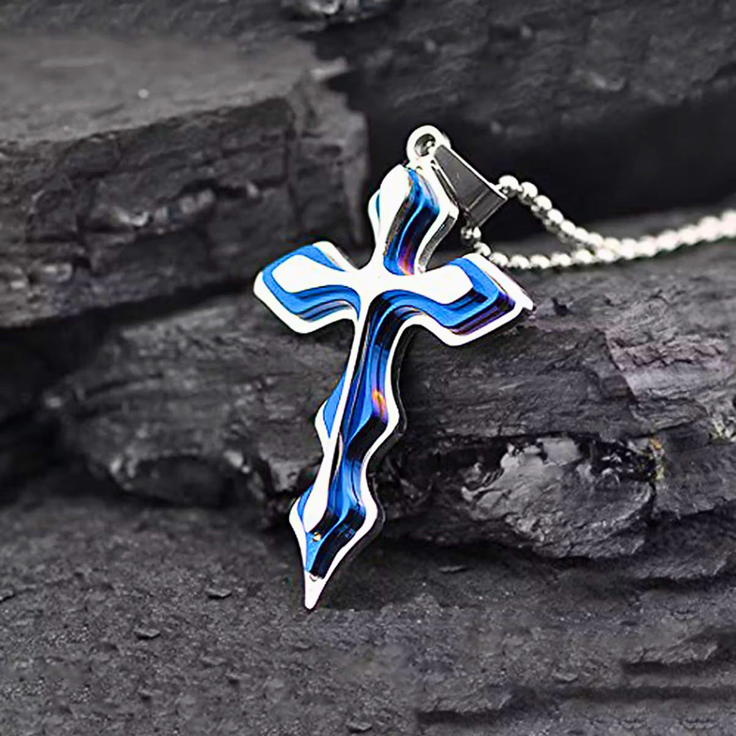 OCEAN FAITH CROSS - 37mm Titanium Steel Pendant with 21inch Round Ball 4mm Chain for Men & Boys - THE MEN THING