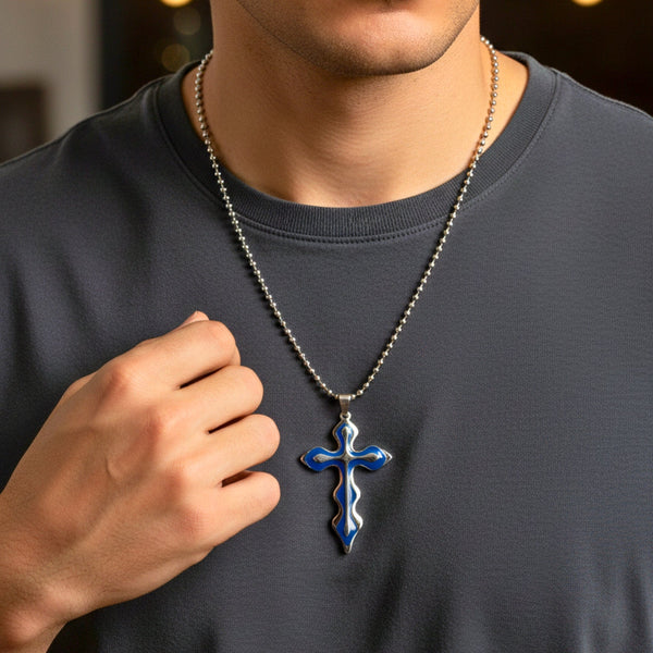 OCEAN FAITH CROSS - 37mm Titanium Steel Pendant with 21inch Round Ball 4mm Chain for Men & Boys