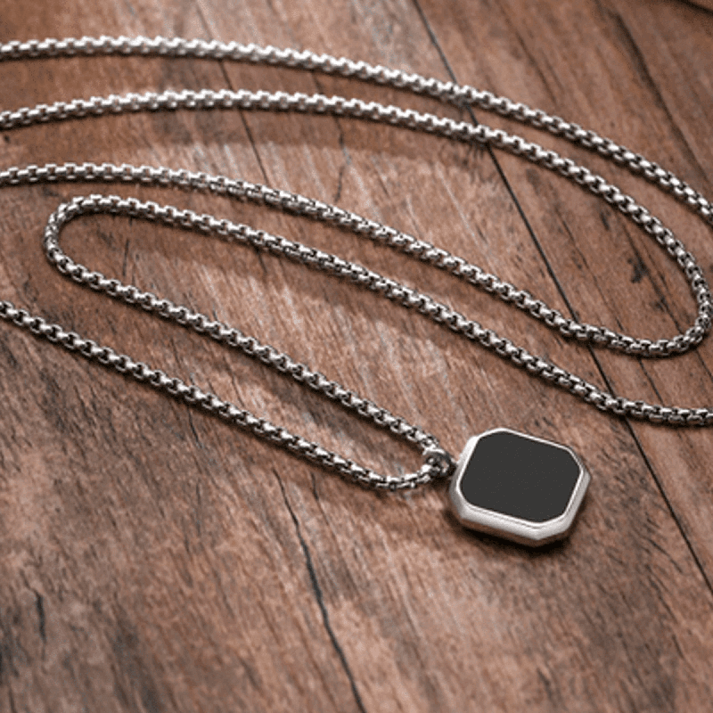 OCTAGON GEO - Alloy Pendant with Black Stone & Stainless Steel 24inch Round Box Chain, American trending Style for Men & Boy — SS Pendant/ Necklace for Men | THE MEN THING