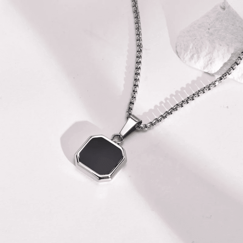 OCTAGON GEO - Alloy Pendant with Black Stone & Stainless Steel 24inch Round Box Chain, American trending Style for Men & Boy - THE MEN THING