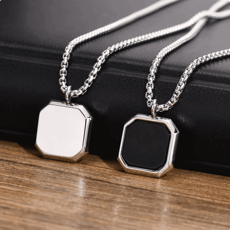 OCTAGON GEO - Alloy Pendant with Black Stone & Stainless Steel 24inch Round Box Chain, American trending Style for Men & Boy — SS Pendant/ Necklace for Men | THE MEN THING