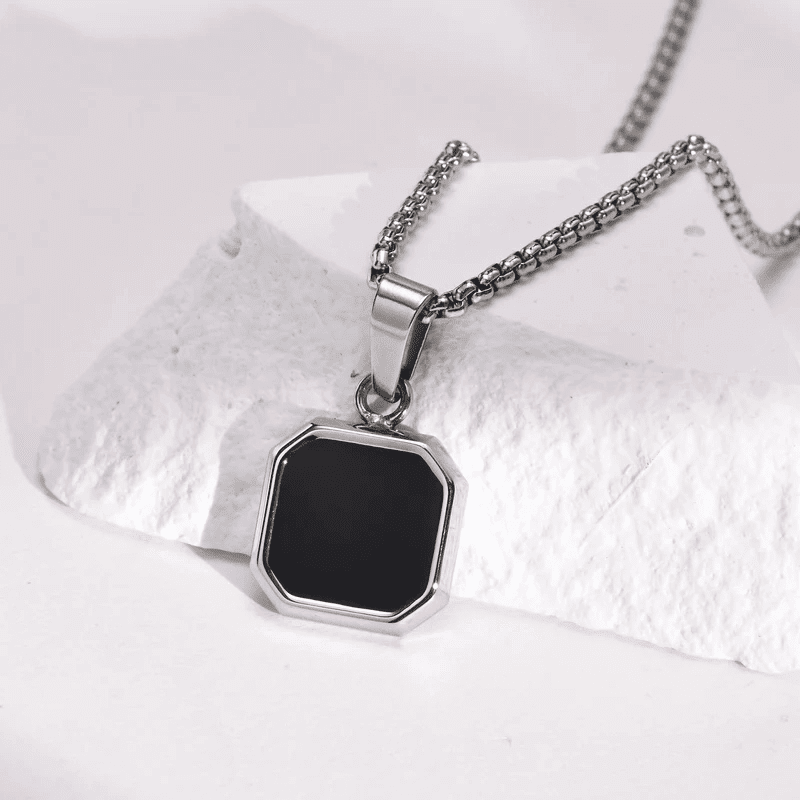 OCTAGON GEO - Alloy Pendant with Black Stone & Stainless Steel 24inch Round Box Chain, American trending Style for Men & Boy - THE MEN THING