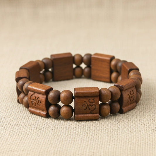 OM SERENITY - 15mm Wooden Beads Bracelet with Natural Stone - Adjustable Bracelet - THE MEN THING