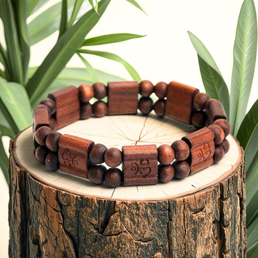 OM SERENITY - 15mm Wooden Beads Bracelet with Natural Stone - Adjustable Bracelet - THE MEN THING
