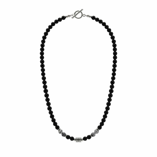 ONYX FUSION - GREY - 8 mm Beaded Necklace for Men and Boys 18 inch