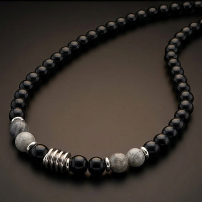 ONYX FUSION - GREY - 8 mm Beaded Necklace for Men and Boys 18 inch - THE MEN THING