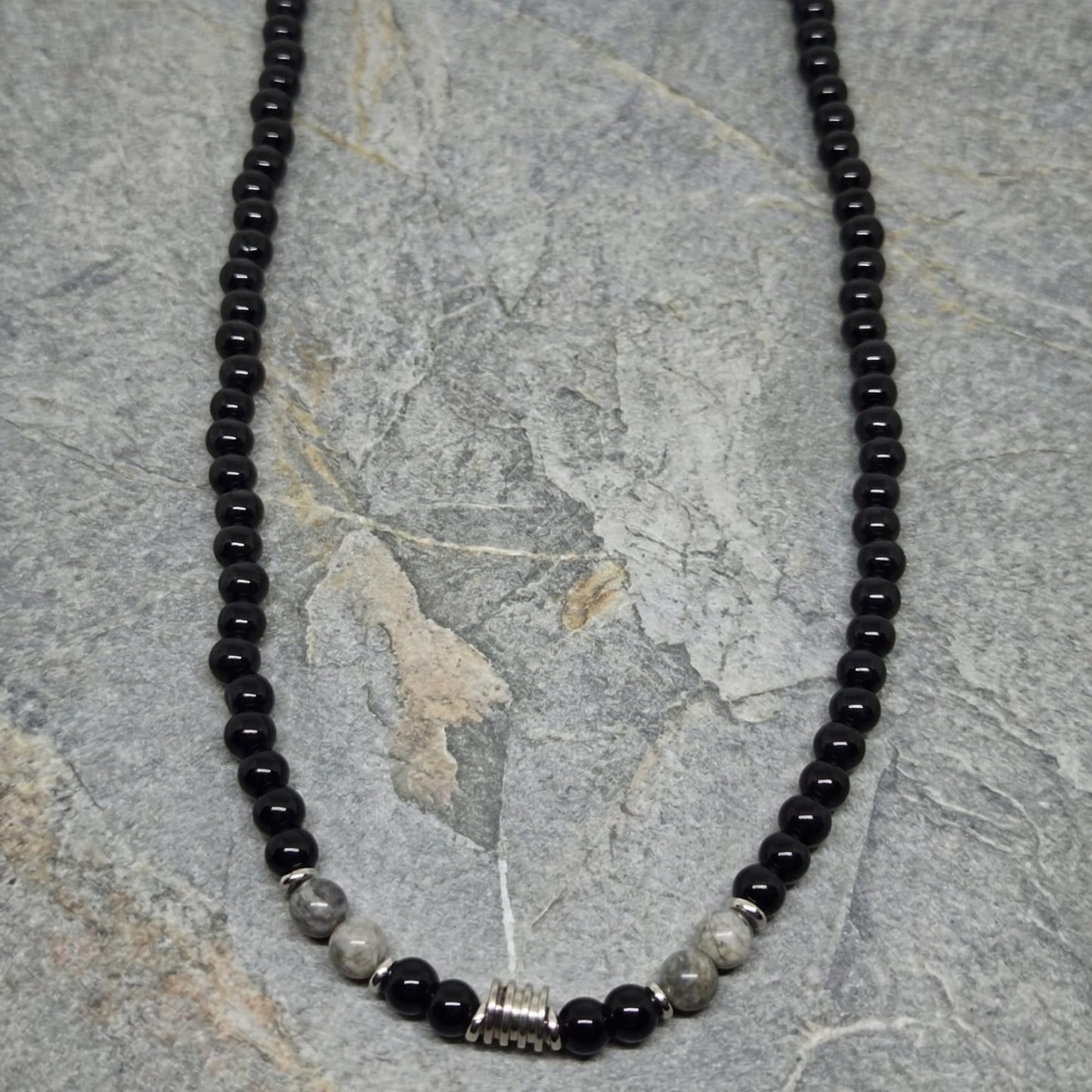 ONYX FUSION - GREY - 8 mm Beaded Necklace for Men and Boys 18 inch - THE MEN THING