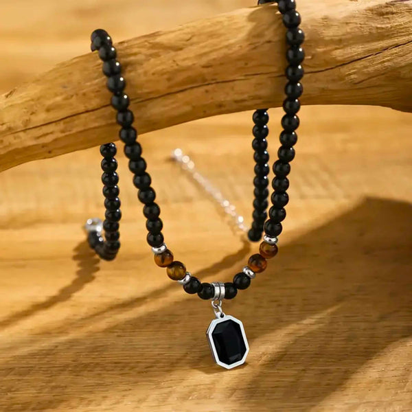 ONYX TIGER EDGE - 7mm Pendant with 19 to 21inch Adjustable Beaded 7mm Necklace for Men and Boys