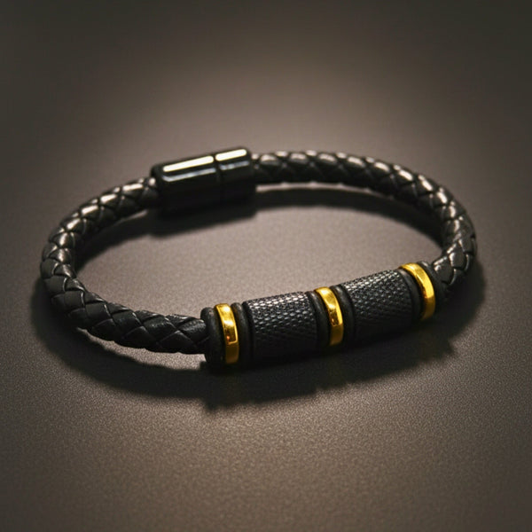 ONYX VALOR - Black 7mm Genuine Leather Bracelet with Stainless Steel Magnetic Buckle for Men & Boys (8 inch)
