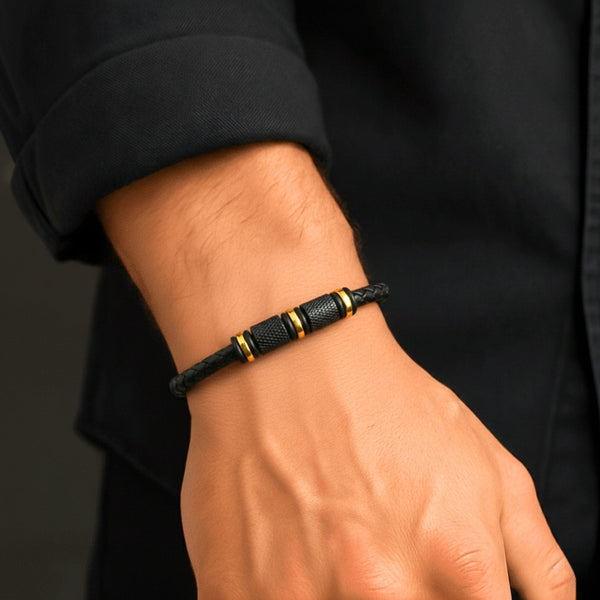 ONYX VALOR - Black 7mm Genuine Leather Bracelet with Stainless Steel Magnetic Buckle for Men & Boys (8 inch)