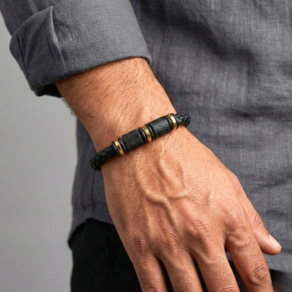 ONYX VALOR - Black 7mm Genuine Leather Bracelet with Stainless Steel Magnetic Buckle for Men & Boys (8 inch) - THE MEN THING