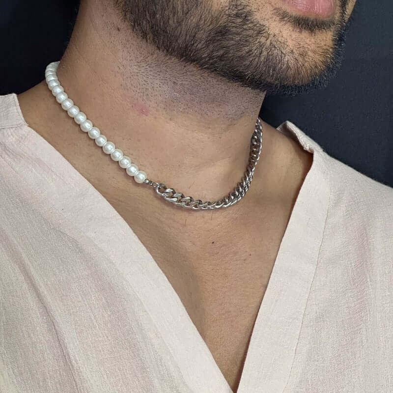 OPULENT ORBIT - Stylish Pearl Necklace with Cuban Chain Fusion Necklaces for Men and Boys (17 Inch) - THE MEN THING