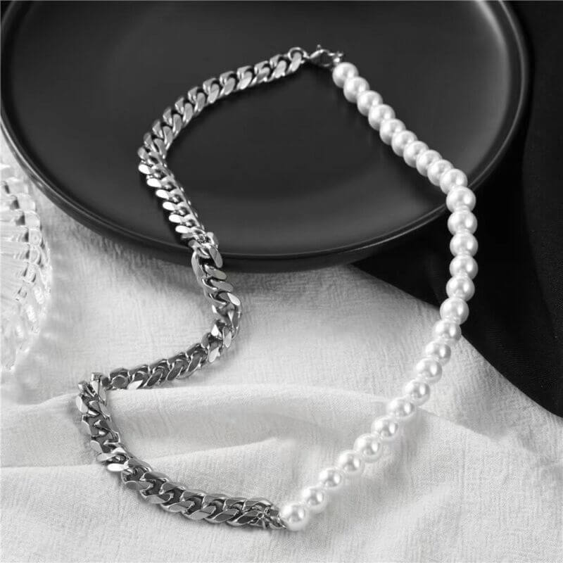 OPULENT ORBIT - Stylish Pearl Necklace with Cuban Chain Fusion Necklaces for Men and Boys (17 Inch) - THE MEN THING