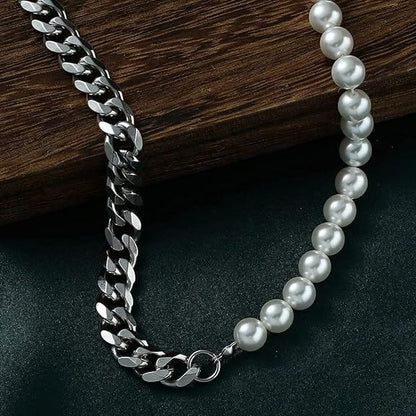 OPULENT ORBIT - Stylish Pearl Necklace with Cuban Chain Fusion Necklaces for Men and Boys (17 Inch) - THE MEN THING
