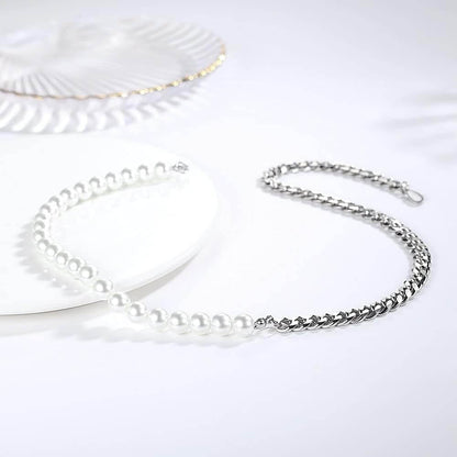 OPULENT ORBIT - Stylish Pearl Necklace with Cuban Chain Fusion Necklaces for Men and Boys (17 Inch) - THE MEN THING