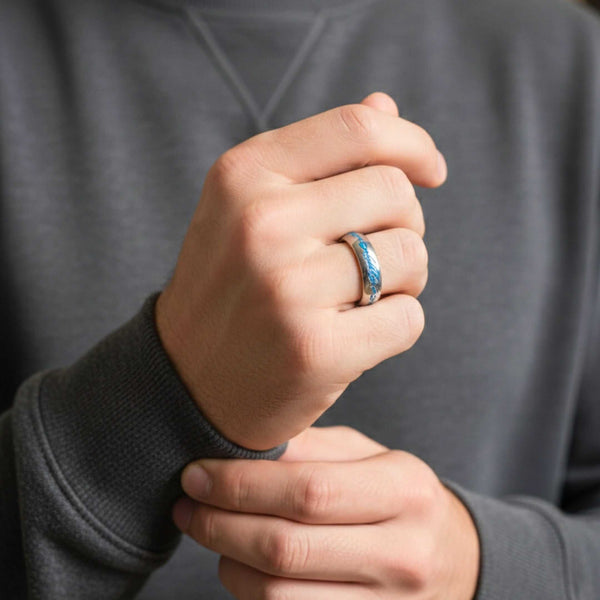 ORION SCRIPT - Steel Blue - Pure Stainless Steel Men’s Ring for Men & Boys (Size : 18-23-29)