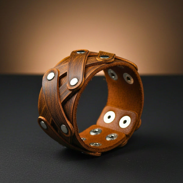 OUTLAW CRISS - 40mm Brown Genuine Leather Adjustable Bracelet for Men & Boys (9.5 inch)