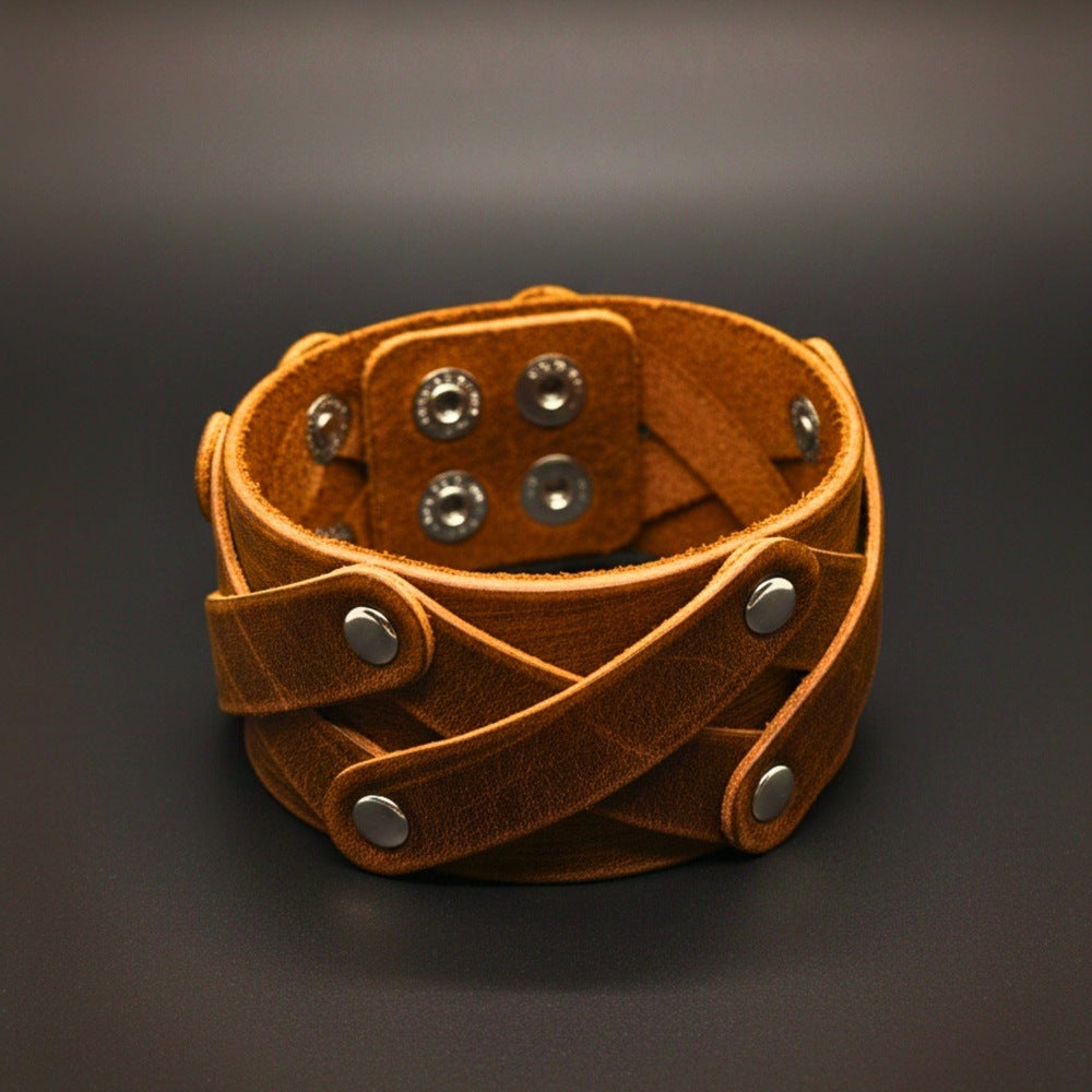 OUTLAW CRISS - 40mm Brown Genuine Leather Adjustable Bracelet for Men & Boys (9.5 inch) - THE MEN THING