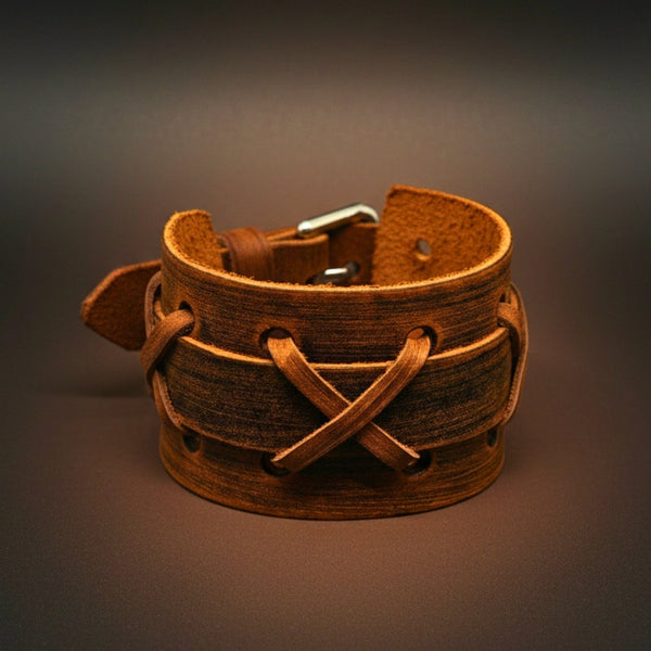 OUTLAW RIDGE - 51mm Brown Genuine Leather Adjustable Bracelet for Men & Boys (10.2 inch)