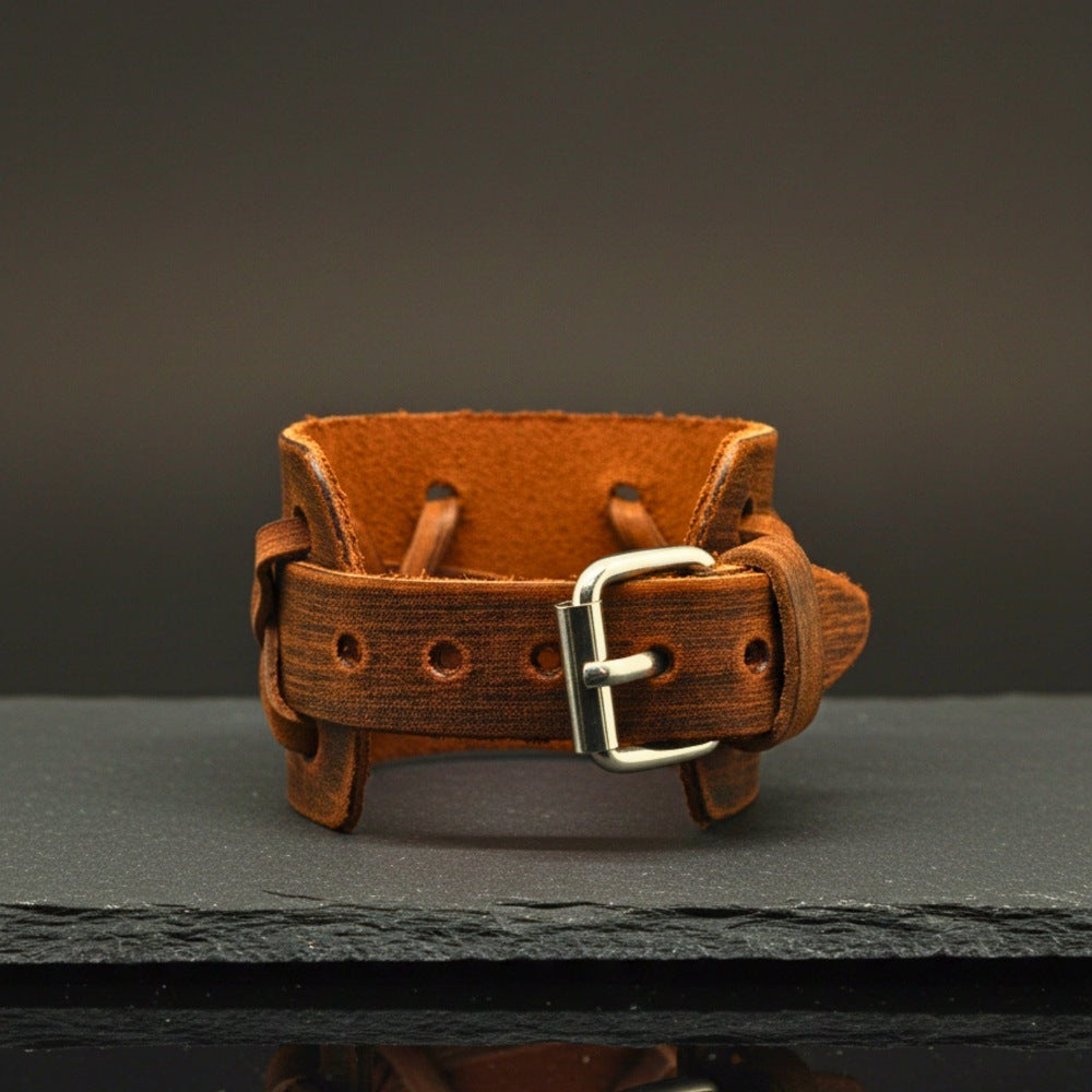 OUTLAW RIDGE - 51mm Brown Genuine Leather Adjustable Bracelet for Men & Boys (10.2 inch) - THE MEN THING