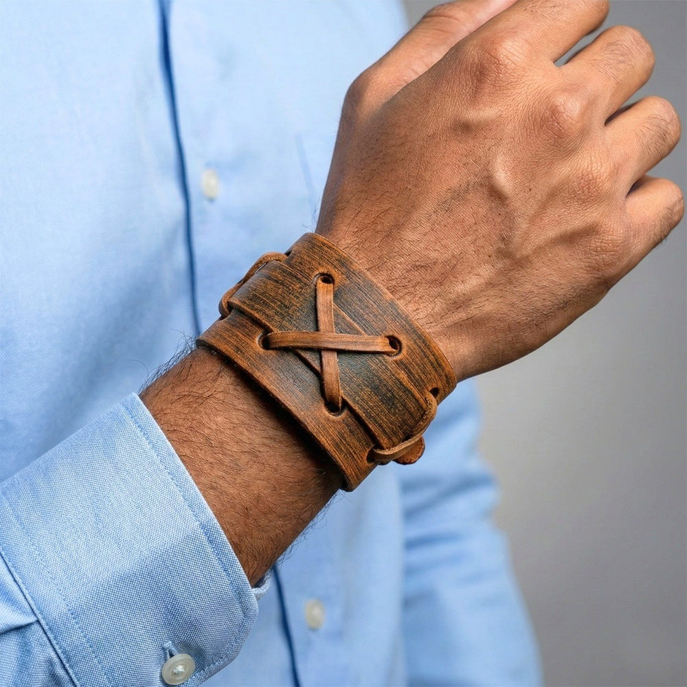 OUTLAW RIDGE - 51mm Brown Genuine Leather Adjustable Bracelet for Men & Boys (10.2 inch) - THE MEN THING