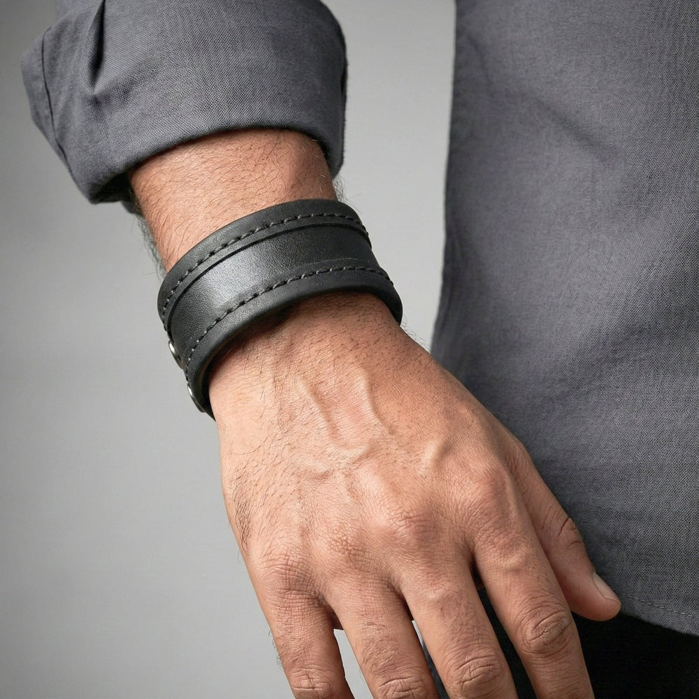 OUTLAW WRAP BLACK - Genuine Braided Leather Bracelet Set for Men & Boys (8 inch) - THE MEN THING