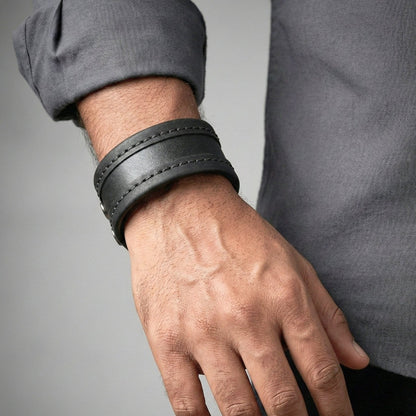 OUTLAW WRAP BLACK - Genuine Braided Leather Bracelet Set for Men & Boys (8 inch) - THE MEN THING