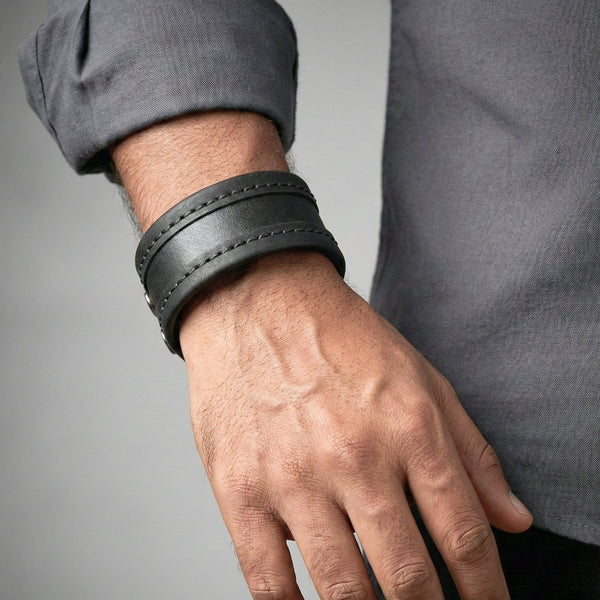 OUTLAW WRAP BLACK - Genuine Braided Leather Bracelet Set for Men & Boys (8 inch)