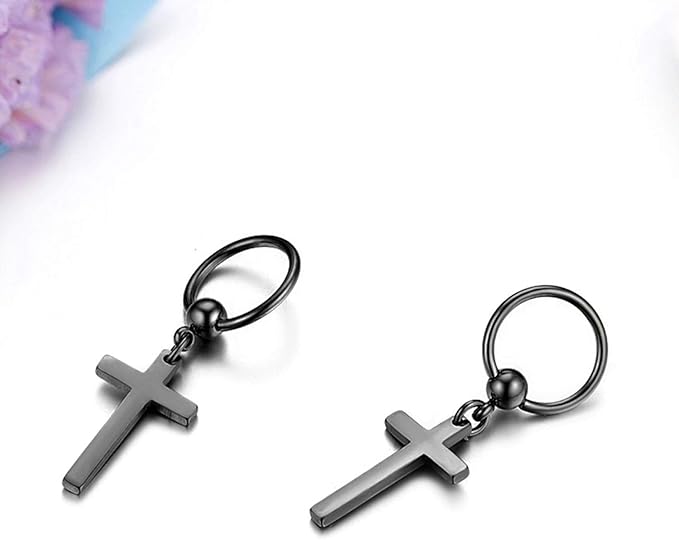 PALADIN BLACK CROSS DROP - Titanium Steel Hoop Earrings for Men & Boys (2 Pcs) - THE MEN THING