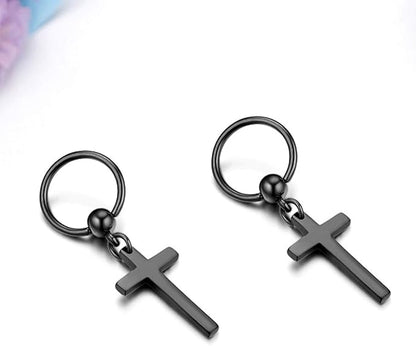 PALADIN BLACK CROSS DROP - Titanium Steel Hoop Earrings for Men & Boys (2 Pcs) - THE MEN THING