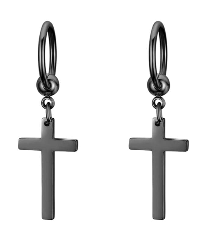 PALADIN BLACK CROSS DROP - Titanium Steel Hoop Earrings for Men & Boys (2 Pcs) - THE MEN THING
