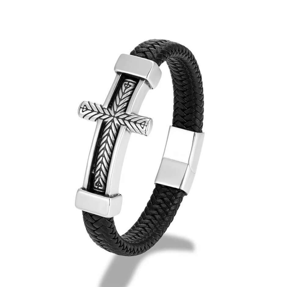 PALADIN CROSS BLACK - Genuine Leather Braided Bracelet with Stainless Steel Magnetic Buckle for Men & Boys (8 inch) - THE MEN THING