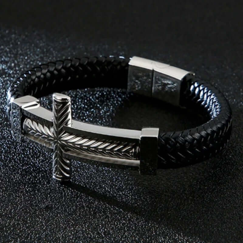 PALADIN CROSS BLACK - Genuine Leather Braided Bracelet with Stainless Steel Magnetic Buckle for Men & Boys (8 inch) - THE MEN THING