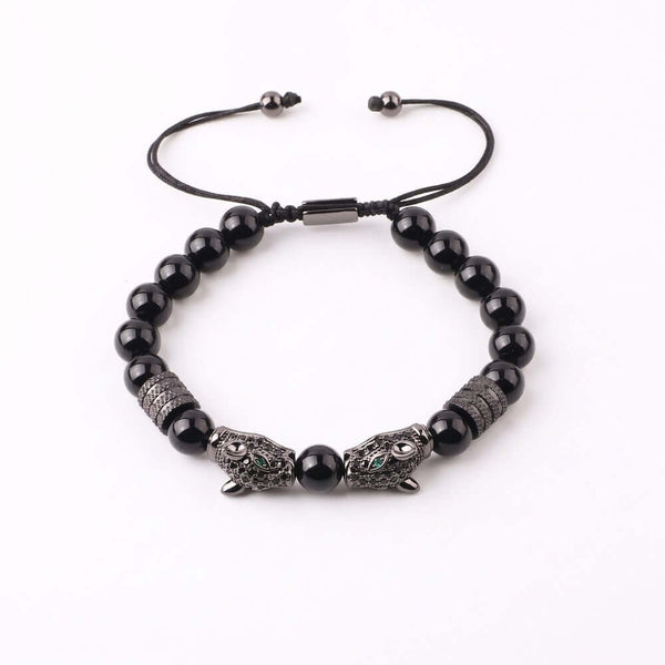 PANTHER DUO - 9mm Beads Bracelet with Natural Stone - Stretch / Adjustable Bracelet for Men & Boys