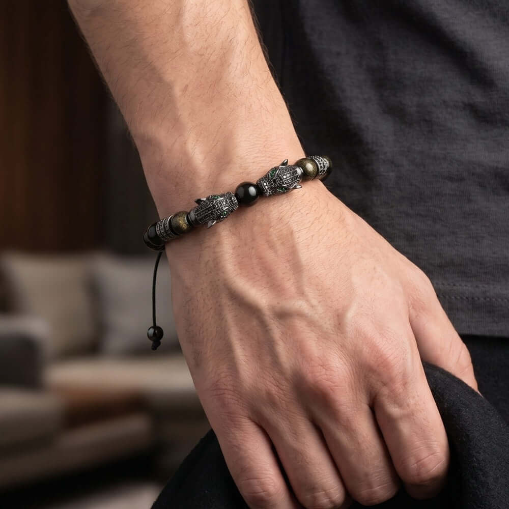 PANTHER DUO - 9mm Beads Bracelet with Natural Stone - Stretch / Adjustable Bracelet for Men & Boys - THE MEN THING