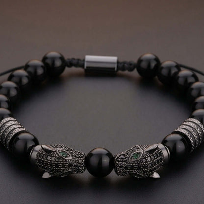 PANTHER DUO - 9mm Beads Bracelet with Natural Stone - Stretch / Adjustable Bracelet for Men & Boys - THE MEN THING
