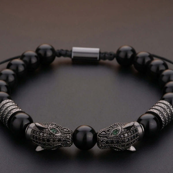 PANTHER DUO - 9mm Beads Bracelet with Natural Stone - Stretch / Adjustable Bracelet for Men & Boys