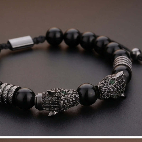 PANTHER DUO - 9mm Beads Bracelet with Natural Stone - Stretch / Adjustable Bracelet for Men & Boys
