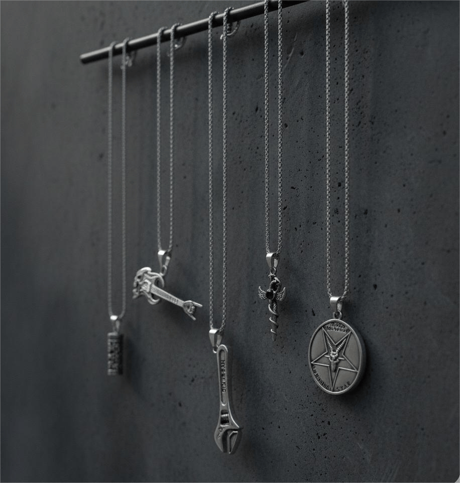PARADOX COLLECTIVE High Stakes 5-Piece Collector's Pendant Set – WRENCH, SKULL ROCKING GUITAR, ZEN-CYLINDER, SWORD OF ANGLE, & GOAT STAR Necklaces on 24 Inch Stainless Steel Chain for Mens and Boys - THE MEN THING