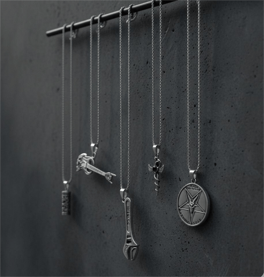 PARADOX COLLECTIVE High Stakes 5-Piece Collector's Pendant Set – WRENCH, SKULL ROCKING GUITAR, ZEN-CYLINDER, SWORD OF ANGLE, & GOAT STAR Necklaces on 24 Inch Stainless Steel Chain for Mens and Boys - THE MEN THING