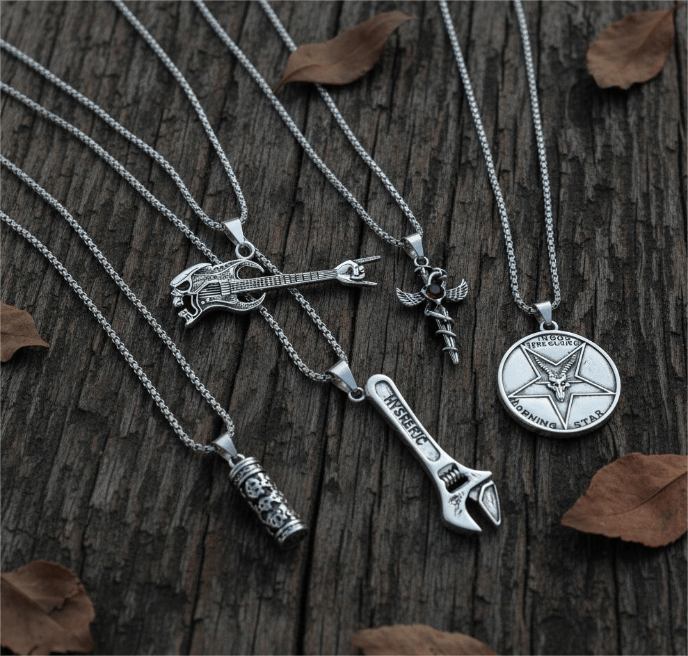 PARADOX COLLECTIVE High Stakes 5-Piece Collector's Pendant Set – WRENCH, SKULL ROCKING GUITAR, ZEN-CYLINDER, SWORD OF ANGLE, & GOAT STAR Necklaces on 24 Inch Stainless Steel Chain for Mens and Boys - THE MEN THING