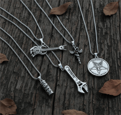 PARADOX COLLECTIVE High Stakes 5-Piece Collector's Pendant Set – WRENCH, SKULL ROCKING GUITAR, ZEN-CYLINDER, SWORD OF ANGLE, & GOAT STAR Necklaces on 24 Inch Stainless Steel Chain for Mens and Boys - THE MEN THING