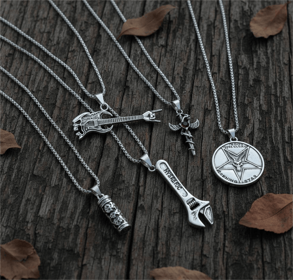 PARADOX COLLECTIVE High Stakes 5-Piece Collector's Pendant Set – WRENCH, SKULL ROCKING GUITAR, ZEN-CYLINDER, SWORD OF ANGLE, & GOAT STAR Necklaces on 24 Inch Stainless Steel Chain for Mens and Boys